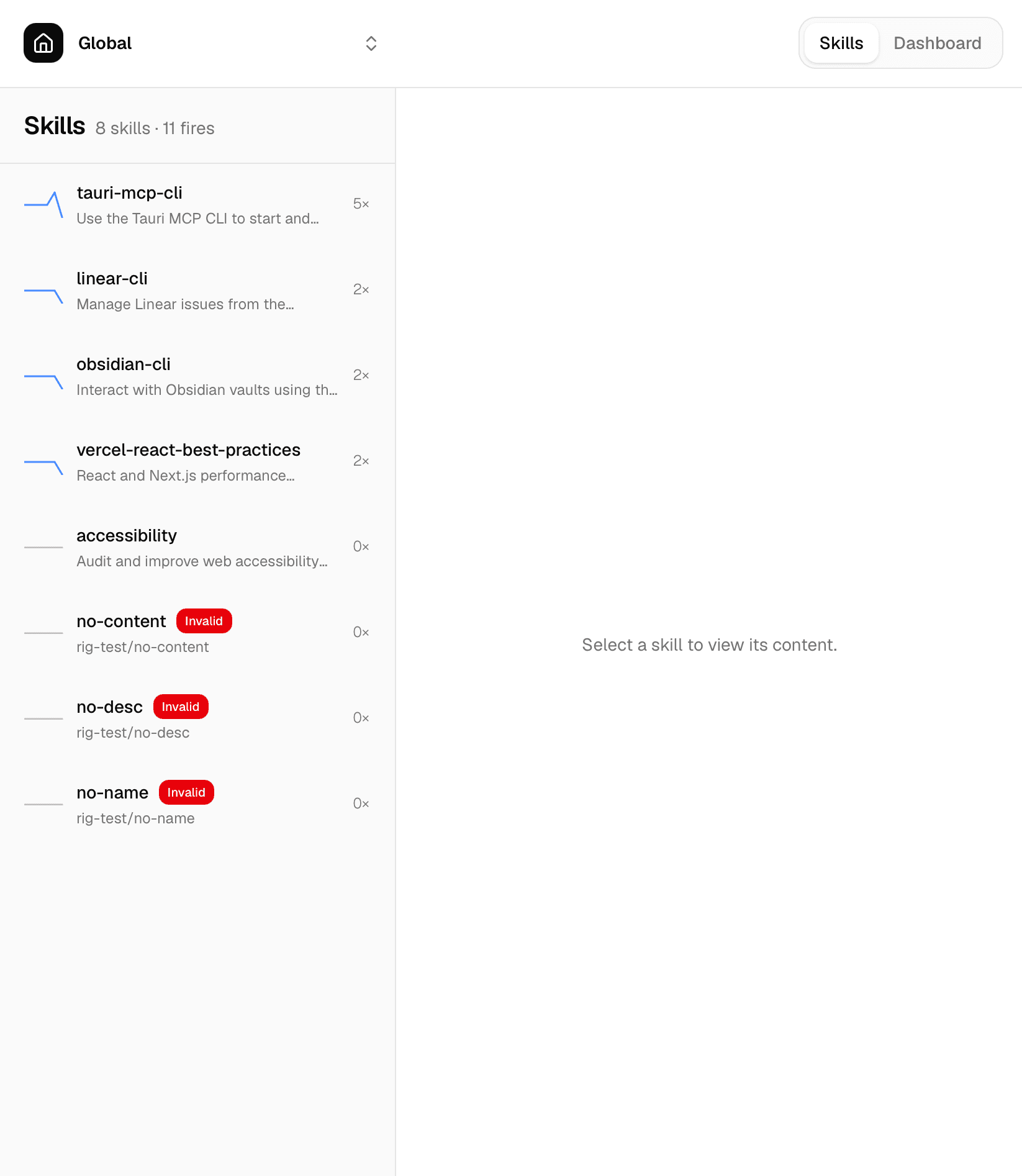 Rig app showing the skill list and usage dashboard